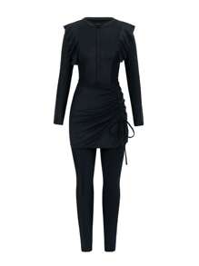 Swim Shayni 女士 3 件套保守泳装套装：长袖衬衫、长裤和纯色裹身裙，端庄修身，适合春假、中东、度假、布基尼风格 - 黑色 - 查看 4