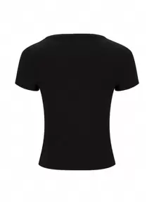 INAWLY Women V-Neck Short Sleeve Cropped Fitted Casual T-Shirt - Black - View 3