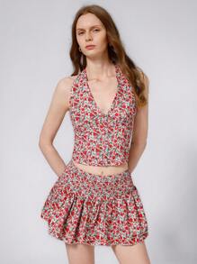 SHEIN Unity 2 件套女式复古碎花露背 V 领短款上衣和层叠荷叶边下摆迷你裙套装，时尚假日别致风格，春夏 - 彩色 - 查看 6