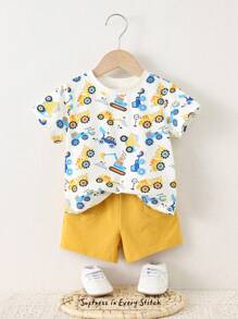 Cozy Pixies 2pcs Baby Boy Cartoon Car Pattern Knit Soft Round Neck Short Sleeve Top With Elastic Waist Shorts Set - Multicolor - View 6