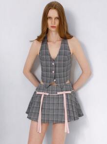 GENKIRA 甜美前卫学院风圆领格纹撞色吊带背心搭配褶皱撞色蝴蝶结装饰裙 2 件套女士 - 灰色 - 查看 6