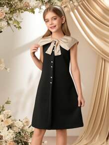 SHEIN Youth Girl Commuting & Casual Bow Collar Design A-Line Dress