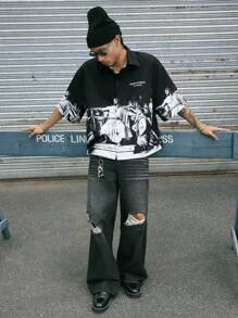 AXEPEAK Men's Loose Digital Print Short Sleeve Woven Shirt, Streetwear Ready, Suitable For Summer - Black - View 3