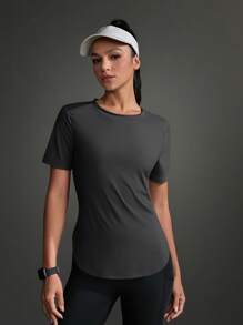 Powerista 女式纯色圆领短袖休闲运动T恤和背心健身衫 - 深灰色 - 查看 12