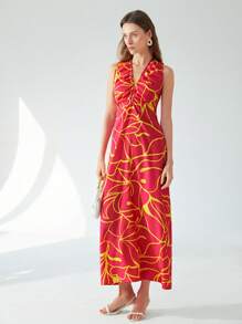 Aveloria Modichic 全新春夏法式复古优雅简约度假深 V 蝴蝶结腰镂空无袖修身喇叭下摆拼色抽象花卉印花连衣裙 - 彩色 - 查看 6