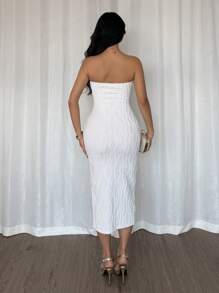 Elenzga Textured Fabric Elegant Strapless Midi Dress - White - View 2