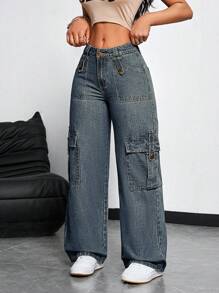 SHEIN ICON Women's Casual Long Denim Jeans With Zipper Details And Cargo Pockets - Blue - View 3