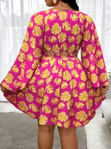Breezaya Plus Size Holiday Banana Leaf Flare Sleeve A-Line Dress