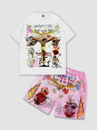 Street Life 2 pièces/Ensemble T-shirt à manches courtes et shorts imprimés de portrait pour hommes, pour un port quotidien, convient pour le printemps/été