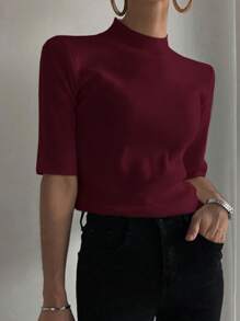 DAZY Women's Mock Neck Fitted Crop Sleeve Sweater - Red Violet - View 3