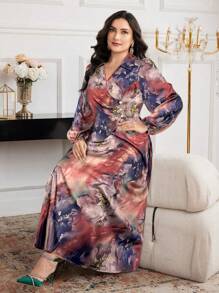 Modelyn Plus Size Women Tie-Dye Print Lantern Sleeve Elegant Dress - Purple - View 4