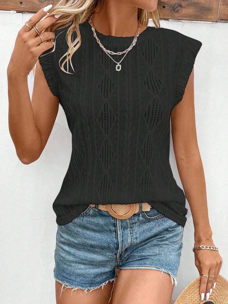 SHEIN LUNE Camiseta de tirantes de unicolor con textura para vacaciones - Negro - Ver 1
