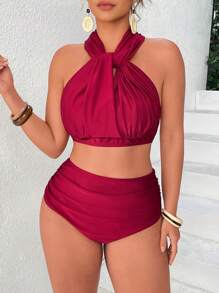 Swim Lushoire Plus Size Satin Shine Halter Style Bikini Top, Suitable For Vacation, Elegant Party For Summer - Burgundy - View 4