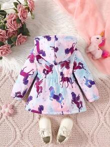 Baby Girl Front Zipper Long Sleeve Full Print Hooded Jacket, Casual Daily Wear