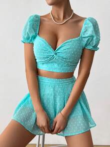 SHEIN Unity 2pcs/Set Pakaian Liburan Musim Panas Tropis Wanita Warna Turquoise, Atasan Crop Lengan Pendek Model Simpul Putar Warna Polos dan Celana Pendek Dua Potong - Mint Blue - View 4
