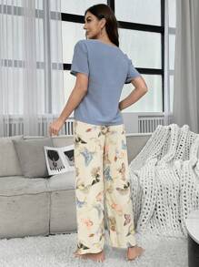 Contrast Floral Bow Tied Crop Top & Long Pants Pajama Set - Multicolor - View 2