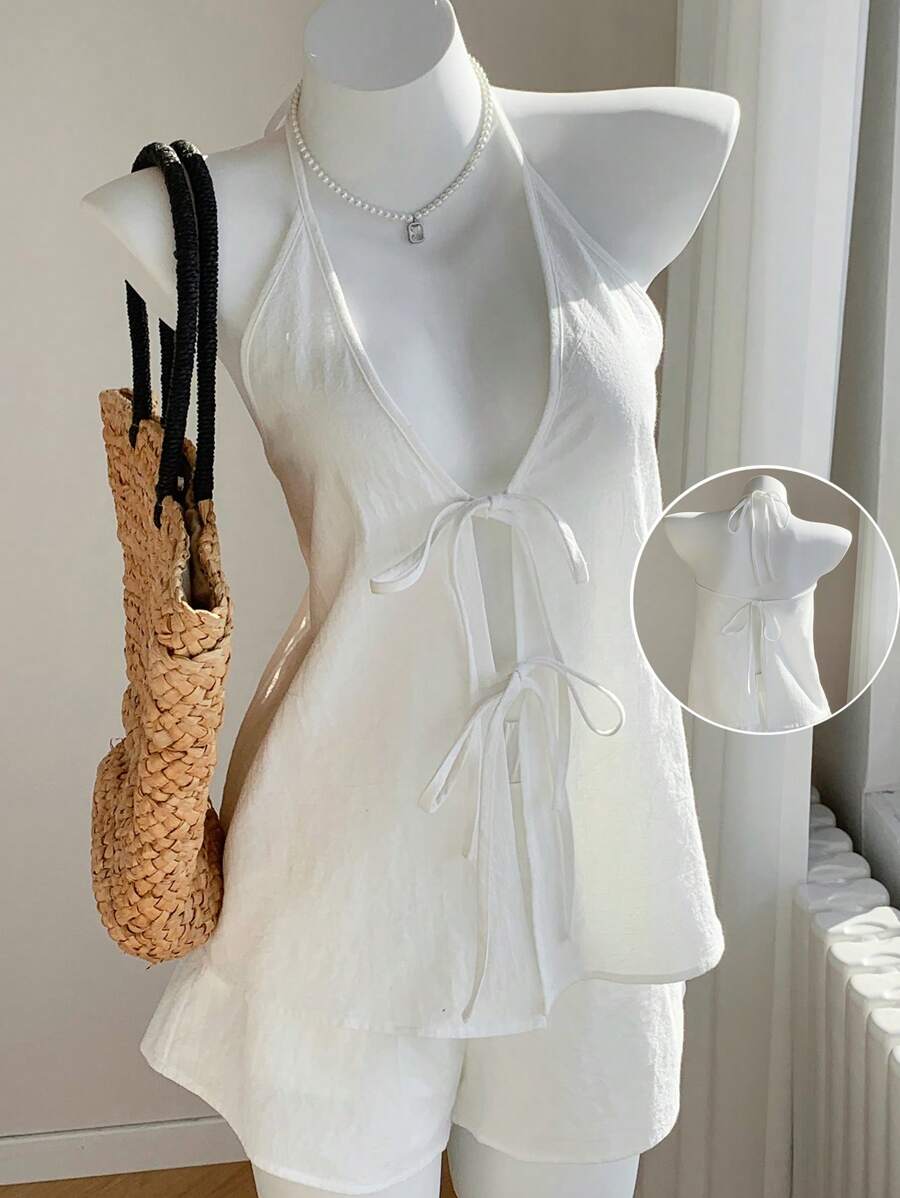Comfortcana White Woven Women's Tie Front Halter Tank And Shorts Leisure Set - White - View 1
