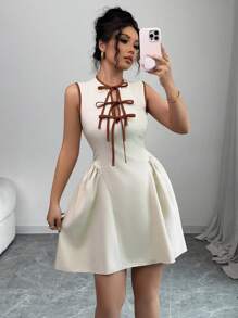 Elenzga Váy ngắn mới dành cho nữ có cổ khoét sâu, thiết kế nơ buộc tương phản, eo và viền nhún, vải có họa tiết, khóa kéo sau lưng, thời trang, trẻ trung & thanh lịch, thích hợp cho tiệc tùng, hẹn hò, mặc hàng ngày, vừa vặn, xuân/hè - Màu be - Xem 5