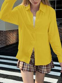 INAWLY Women's Casual Solid Color Long Sleeve Shirt - Mustard Yellow - View 6