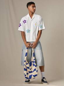 Manfinity VCAY 男士梭织时尚休闲宽松短袖衬衫，适合年轻人和日常穿着 - 白色 - 查看 1