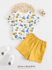 Cozy Pixies 2pcs Baby Boy Cartoon Car Pattern Knit Soft Round Neck Short Sleeve Top With Elastic Waist Shorts Set - Multicolor - View 7