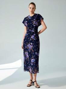 Aveloria Modichic Simple Summer Chiffon Ditsy Floral Ruffle Waist Dress, Purple - Navy Blue - View 3