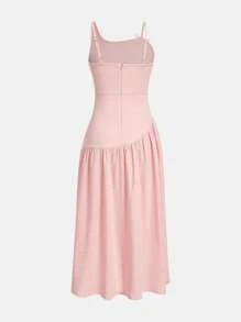 SHEIN 少女休闲优雅度假连衣裙，粉色细肩带连衣裙，带蝴蝶结和荷叶边下摆，适合春夏季外出和度假 - 粉色 - 查看 6