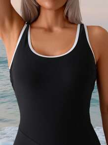 SHEIN Swim SPRTY 女士夏季海滩冲浪运动航海撞色露背镂空连体泳衣 - 黑與白 - 查看 4
