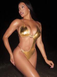 Swim SXY 女士时尚手工面料吊带性感镂空 + 时尚金属连接器连体泳衣，适合夏季海滩度假