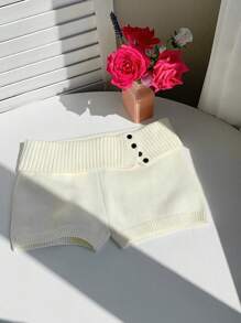 Comfortcana Women's Summer Button Decor Low Waist Folded Knit Shorts In Fall/Winter