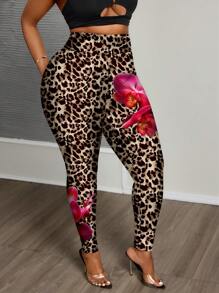 Slaydiva Plus Size Tropical Floral & Leopard Printed Leggings, Perfect For Vacation Women Plus Clothing Pants Leggings For Women - White - View 4