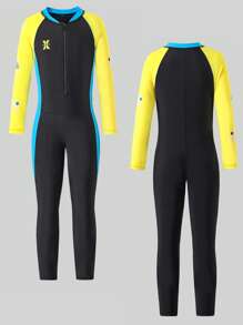 男童撞色拼布连体泳衣