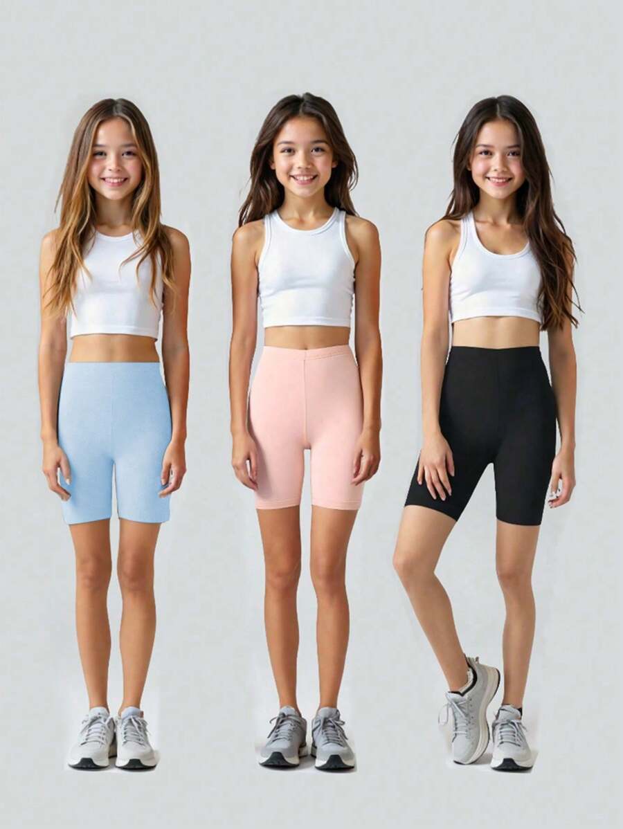 SHEIN 3pcs Girls Solid Color Casual Leggings, Only Selling Pants Without Top, Suitable For Spring/Summer,Summer Travel, School, Campus, College - Multicolor - View 1