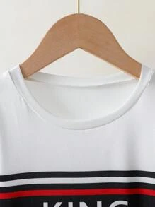 年轻男孩夏季休闲百搭条纹字母印花圆领短袖 T 恤和短裤 2 件套装