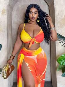 Slaydiva 大码女式 3 件套，随机渐变印花，时尚简约性感裙子，高腰内裤，日常，度假，比基尼套装 - 橘色 - 查看 3