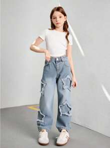 Young Girls Light Blue Denim Jeans With Star Embroidery, Relaxed Straight Leg, Fashion Streetwear Style, Spring/Summer - Light Wash - View 3
