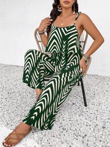 SHEIN Frenchy Plus Size Geometric Pattern Sleeveless Jumpsuit, Boho/Bohemian Casual & Vacation - Green - View 6