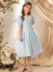 SHEIN Tween Girl 花卉蕾丝边翻领提花腰部宽松下摆连衣裙，蓝色