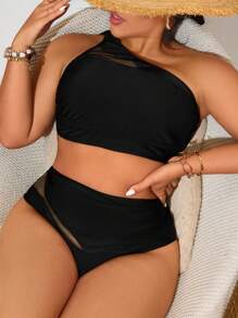 Swim Lushoire Elegant Resort Backless Mesh Splice Plus Size Tankini Swimwear For Summer Beach Vacation