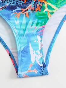 SHEIN Standard Size Navy Blue Ocean & Shell Print Front Cross Waist Ruched Neck Strap Monokini Swimsuit For Women - Multicolor - View 8