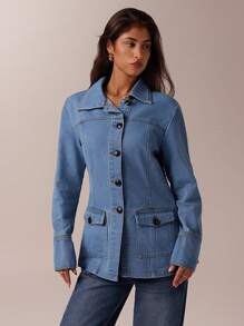 Forever 21 Fall&Winter Women Blue Denim Jacket/Valentine's Day/Valentine/Winter For Women/Office Wear Women/Club Women/New Years/Holiday Party Women Coat/Blue Coat/Holiday/Long Sleeve Coat/New Years/Christmas Party Women Denim/Y2k /Collared/Retro/Blue Washed With Pockets/Street Wear Women/Long Sleeve/Classy/Daily Wear/Casual Denim Coat