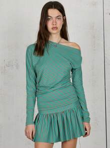 COUREZ Off Shoulder Boat Neck Stripe Long Sleeve Top Spring Summer Tops Going Out Outfits Y2K Vintage