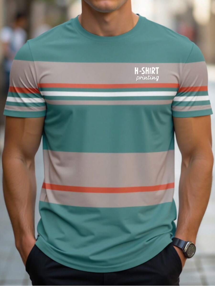 Manfinity Homme 男士日常休闲条纹印花圆领短袖T恤 - 青檸色 - 查看 1