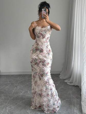 Glyssa Damen Luxus Muster Mesh Abendkleid