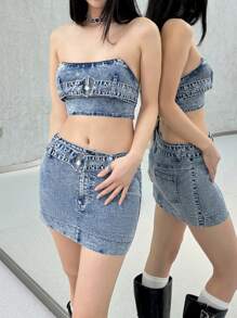 SHEIN EZwear 女士性感紧身弹力短款牛仔上衣，女士夏季，狂欢上衣，伊比沙岛，欧洲夏季，约会之夜女士，韩流，可爱夏季上衣，趣味上衣，演唱会女士，俱乐部女士性感 - 淺色水洗藍 - 查看 1