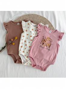 Loomiva 3pcs/Set Baby Girl Plant & Floral Print Soft Knit Round Neck Cap Sleeve Bodysuit Set - Coral Pink - View 1