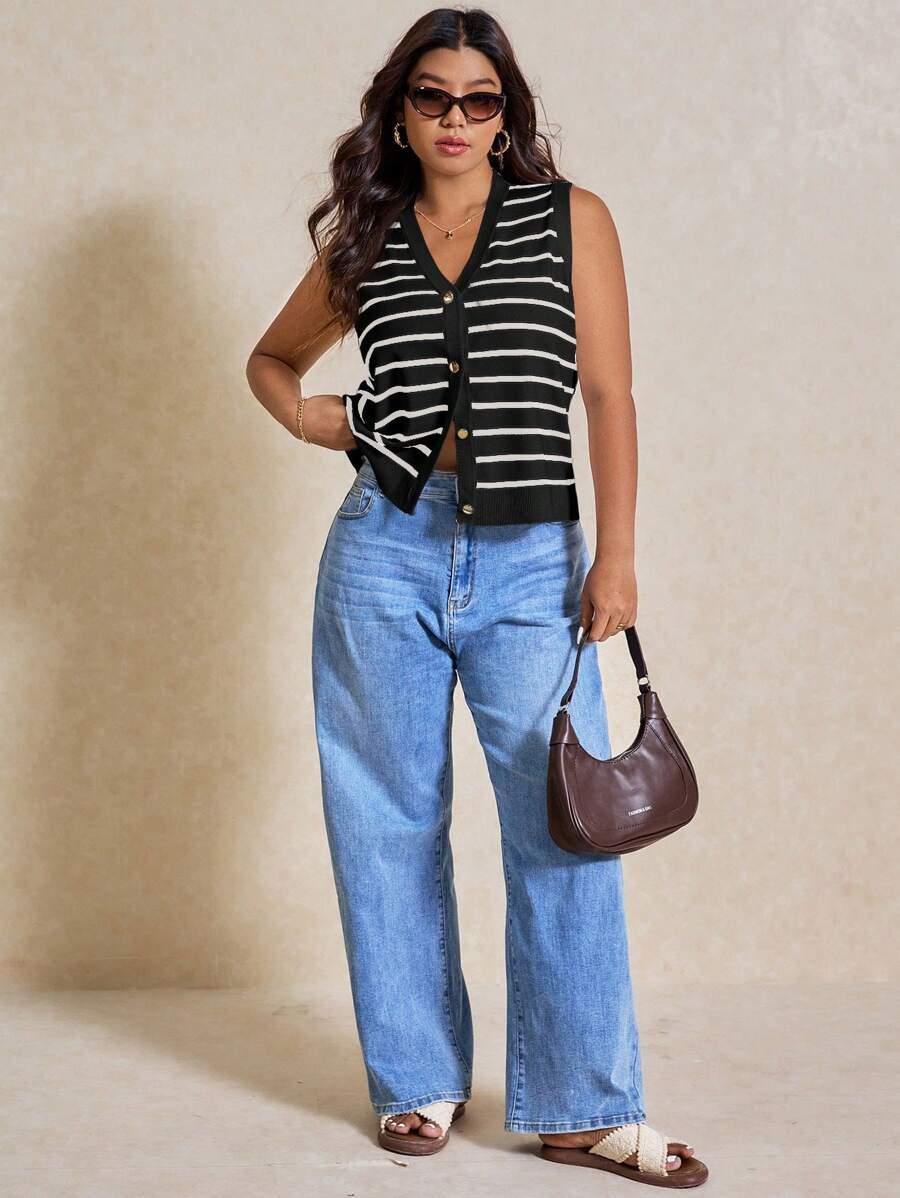 Elaquor 秋冬大码女式条纹单排扣休闲针织背心 - 黑與白 - 查看 1