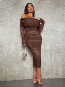 SHEIN SXY 春夏优雅白色长袖露肩褶皱网眼紧身连衣裙