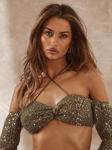 Musera Resort Langärmeliges Crop Top mit Pailletten-Strick-Kreuzausschnitt, Boho Ibiza, süß, sexy, Urlaub, Hochzeitsgast, Strand-Club, Bademode-Cover-Up, heiße Haut