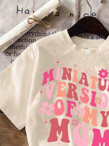 SHEIN Young Girl Casual Minimalist Short Sleeve Round Neck T-Shirt, Suitable For Summer - Khaki - View 3